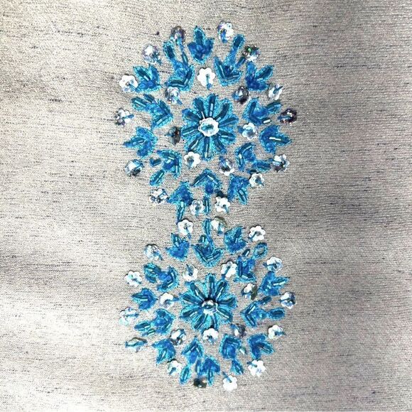 NEW MASHAL Pakistan Cream Linen Tunic Dress Short Turquoise 3/4 Sleeve Womens M - Picture 7 of 9